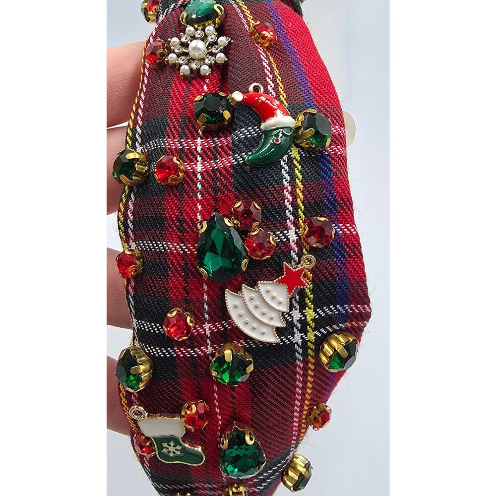 Womens Wide Hair Headbands Christmas Plaid Jeweled Dazzled Holiday Festive - Picture 6 of 8
